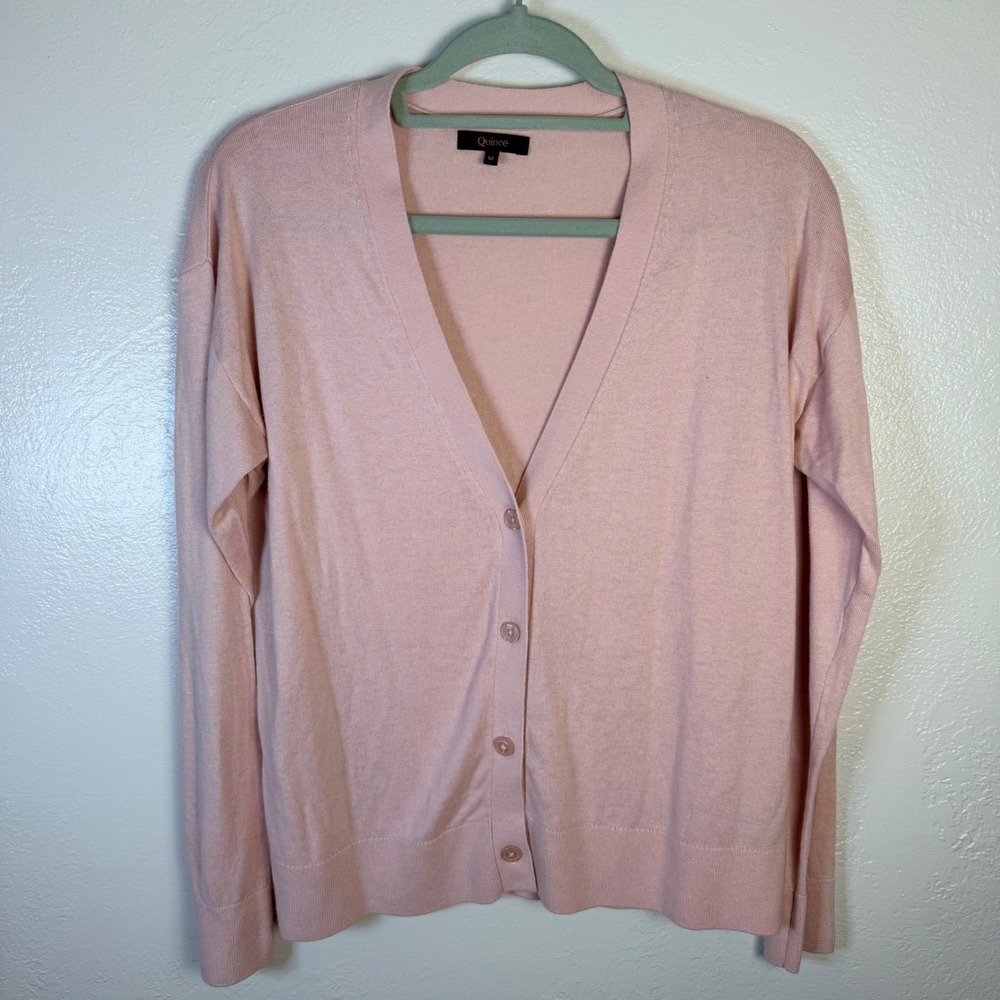 Quince Women's M Sugar Stone Pink Cotton Cashmere V-Neck Cardigan Sweater